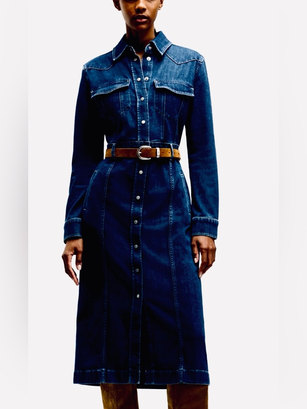 7 For All Mankind Dark Blue Denim Shirt Midi Dress